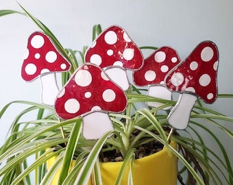 Mushroom Planter Stake - Handmade Stained Glass Plant Accessory - Ready to Ship!