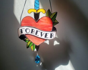 Heart with Dagger Sun Catcher with Prism - Sailor Jerry Tattoo Inspired Forever Banner - Handmade Stained Glass Valentine - Ready to Ship