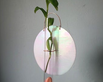 Geometric Stained Glass Bud Vase - Iridescent White or Pink Circle Shaped Propagation Station - Ready to Ship!