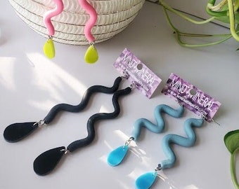 Squiggle Statement Earrings - Playful Memphis Inspired, Geometric Dangles - Handmade Polymer Clay and Glass Jewelry - Ready to Ship!