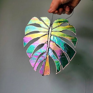 Iridescent Monstera Palm Leaf Handmade Stained Glass Sun Catcher Made to Order image 1