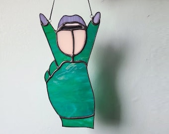 Alien Babe Nasty Gal Sun Catcher - Witchy, Teal Green -  Handmade Stained Glass Art - Ready to Ship!