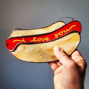 Hot Dog in a Bun Sun Catcher - Handmade Stained Glass Art - Made to Order