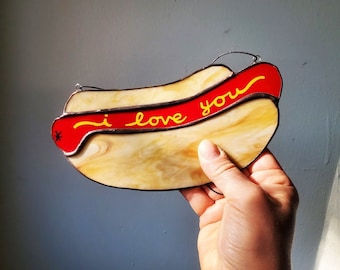 Hot Dog in a Bun Sun Catcher - Handmade Stained Glass Art - Made to Order!