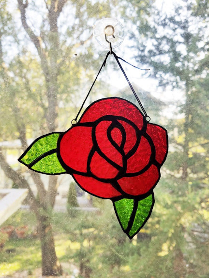 Stained Glass Rose Blossom Sun Catcher Pink or Red Flower Petals Handmade Made to Order VDAY DEADLINE FEB 1 image 5