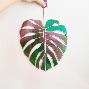 Iridescent Monstera Palm Leaf Handmade Stained Glass Sun Catcher Made to Order image 2