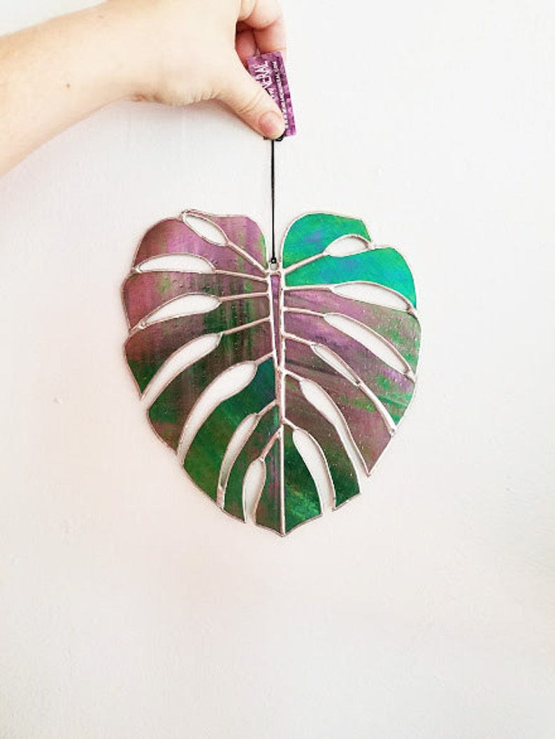 Iridescent Monstera Palm Leaf Handmade Stained Glass Sun Catcher Made to Order image 2