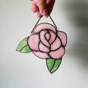 Stained Glass Rose Blossom Sun Catcher Pink or Red Flower Petals Handmade Made to Order VDAY DEADLINE FEB 1 image 2