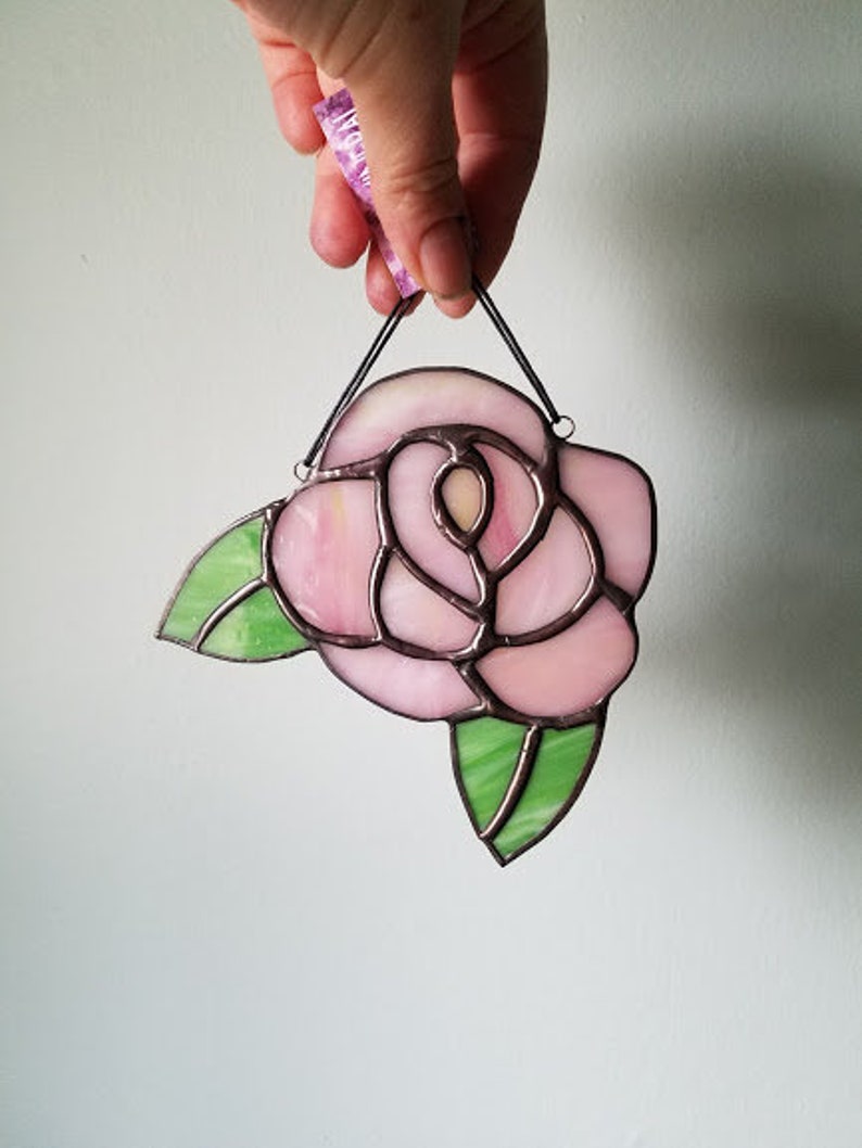 Stained Glass Rose Blossom Sun Catcher Pink or Red Flower Petals Handmade Made to Order VDAY DEADLINE FEB 1 image 2