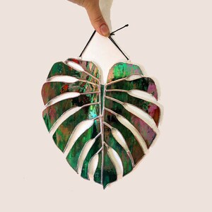 Iridescent Monstera Palm Leaf Handmade Stained Glass Sun Catcher Made to Order image 3
