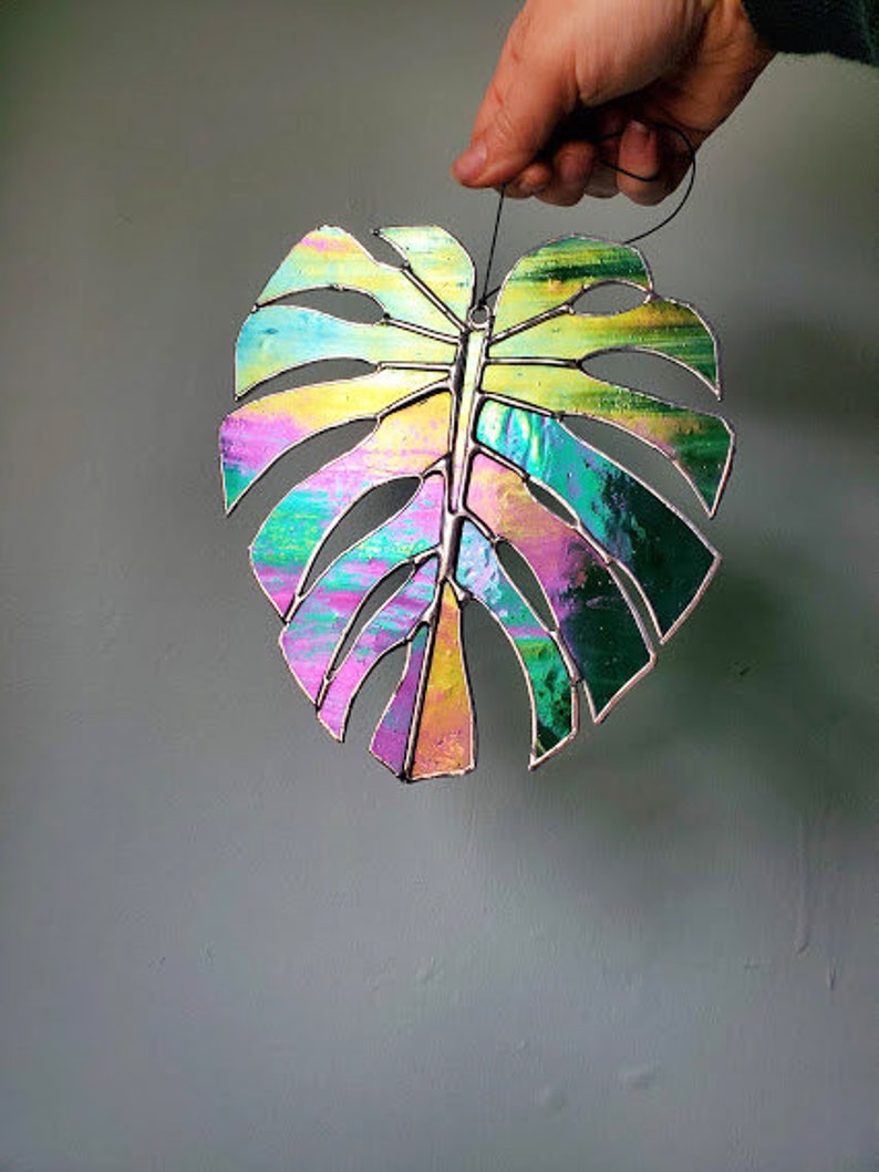 Iridescent Monstera Palm Leaf Handmade Stained Glass Sun Catcher Made to Order image 1