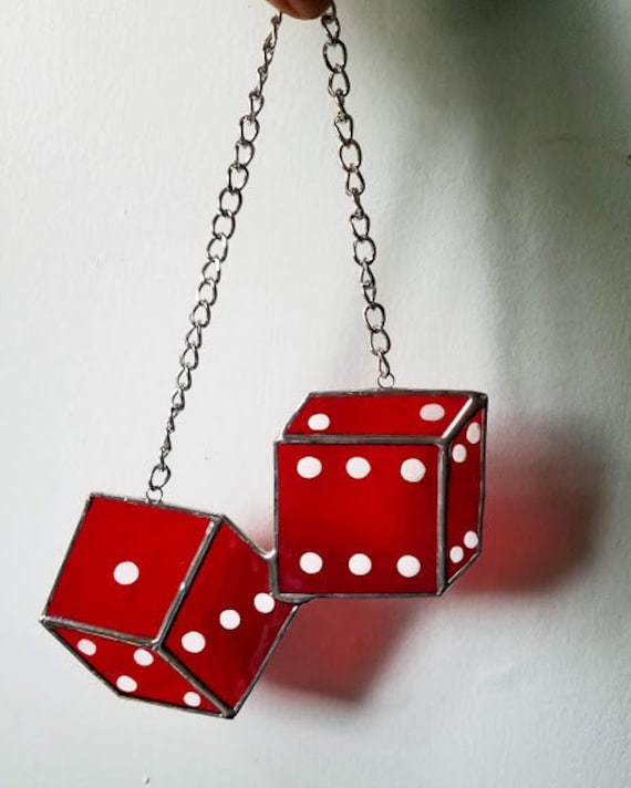 Glass Fuzzy Dice with Chain Hanging Sun Catcher Red or White