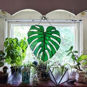 Iridescent Monstera Palm Leaf Handmade Stained Glass Sun Catcher Made to Order image 4