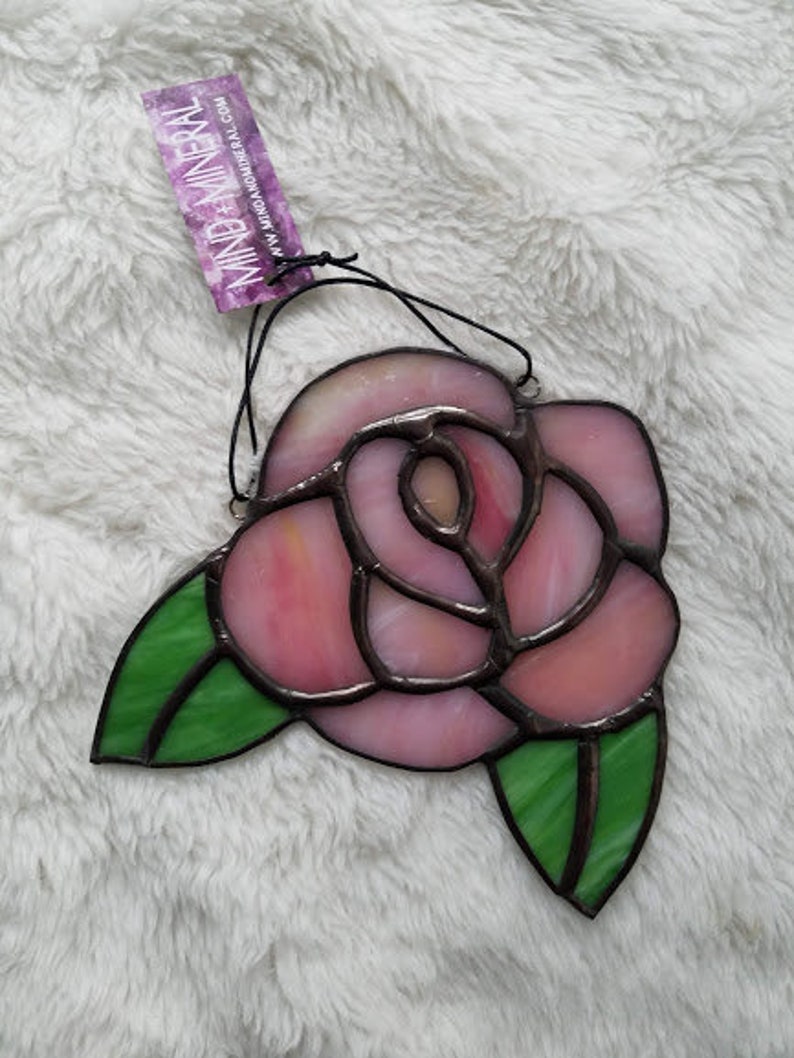 Stained Glass Rose Blossom Sun Catcher Pink or Red Flower Petals Handmade Made to Order VDAY DEADLINE FEB 1 image 3