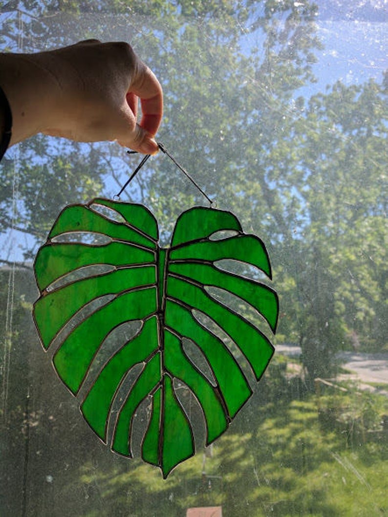 Iridescent Monstera Palm Leaf Handmade Stained Glass Sun Catcher Made to Order image 5