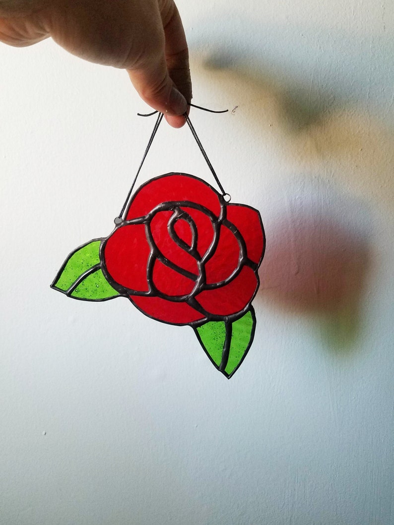 Stained Glass Rose Blossom Sun Catcher Pink or Red Flower Petals Handmade Made to Order VDAY DEADLINE FEB 1 image 1