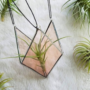 May include: A geometric, hanging air plant terrarium with a pink-tinted glass design. The terrarium is suspended by a black cord and contains a green air plant. The background is a soft, white, textured surface. The terrarium is a decorative item.