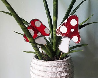 Mushroom Planter Stake - Handmade Stained Glass Plant Accessory