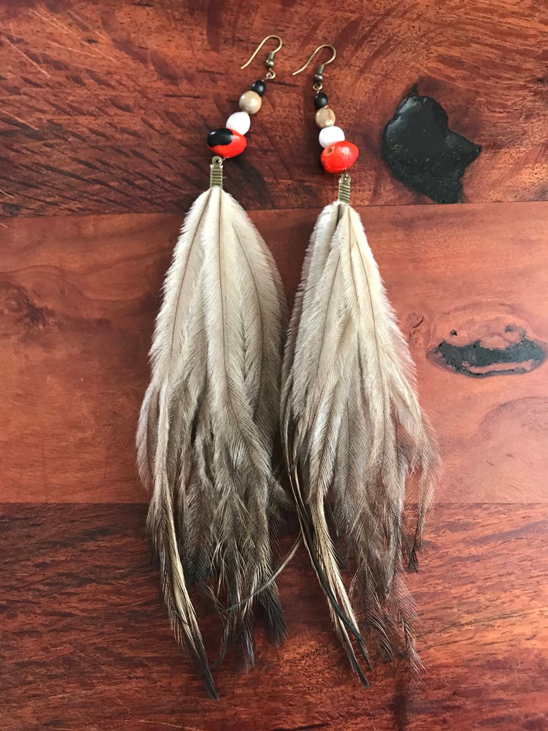 Feather earrings/ Emu feathers/ Amazonian beads/ Gypsy | Etsy