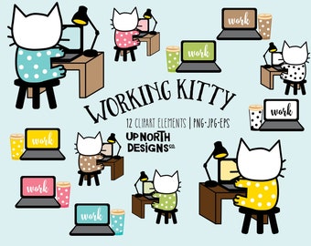 Working kitty laptop and coffee workday schedule all work no play a cat working at a desk cat wearing pyjamas working polka dot pyjamas