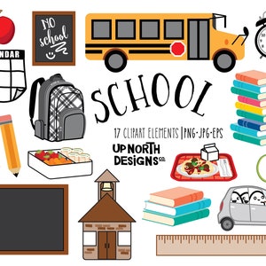School clipart book stack carpool backpack for school lunch cafeteria food on tray school bus black board no school pencils bento box lunch