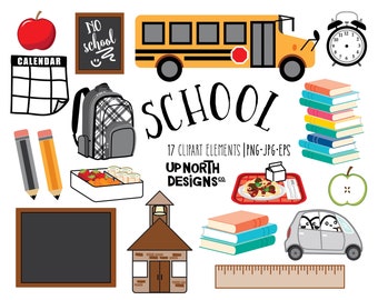 School clipart book stack carpool backpack for school lunch cafeteria food on tray school bus black board no school pencils bento box lunch