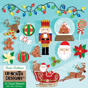 May include: A set of 15 Christmas clip art elements, including a nutcracker, Santa Claus, a reindeer, a gingerbread man, a candy cane, a Christmas tree, a snow globe, a Christmas ornament, a poinsettia, and a string of Christmas lights. The clip art is in a cartoon style and is perfect for use in digital projects.