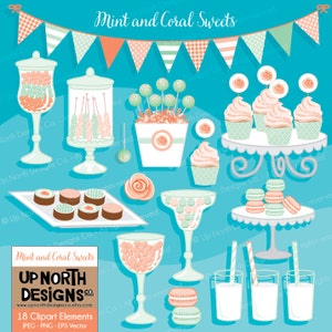 Sweet Table Clipart Mint and Coral Clip Art Dessert clipart Rock Candy jar Macarons and Striped Straws Personal and Commercial Use