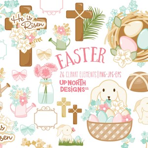 Easter clipart kit with bunnies, He is Risen cross, flowers, eggs in a nest, bread and more