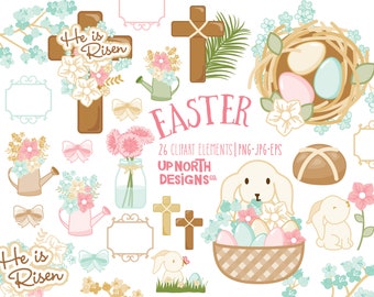 Easter clipart kit with bunnies, He is Risen cross, flowers, eggs in a nest, bread and more