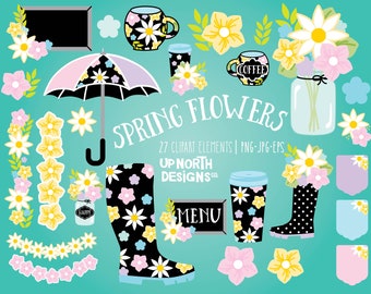 Spring flowers clipart set including a floral umbrella some floral rain boots wellies flower garlands coffee and blackboard