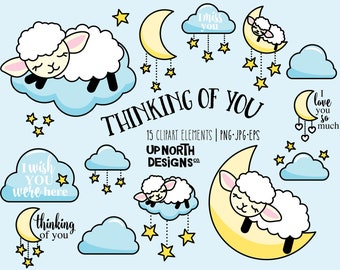 Sheep on cloud clipart Thinking of you clipart kit sheep on moon I miss you and I wish you were here clipart I love you so much clipart