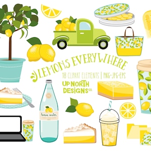 Lemon clipart such as lemon meringue pie and lemon squares, lemonade popsicle and a cute little truck with lemons