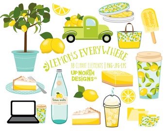 Lemon clipart such as lemon meringue pie and lemon squares, lemonade popsicle and a cute little truck with lemons