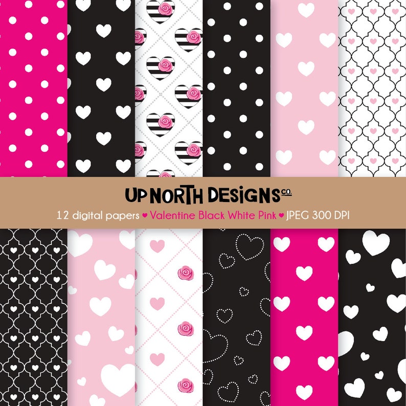 Valentines Day Digital Paper Valentine Pink Rose Striped Hearts Graphics Set Digital Paper Personal and Commercial Use image 1