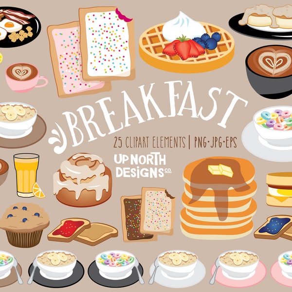 Ontbijt clipart koekjes en jus spek en eieren wafels pannenkoeken jus d'orange havermout en toast en natuurlijk veel koffie