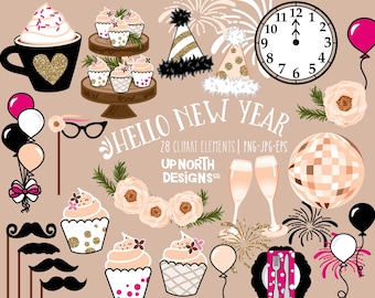 New Year clipart Champagne clock illustration cupcakes and fireworks party hats yummy decadent coffee with sprinkles and balloons