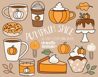 Pumpkin Spice Clipart Fall decorative illustrations such as pumpkin spice latte and pumpkin pie