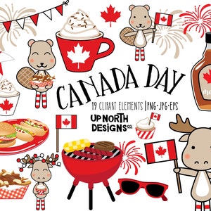 Canada Day Clipart Moose with Canadian flag having a Canada Day BBQ get together on July 1st with fireworks hamburgers poutine and coffee