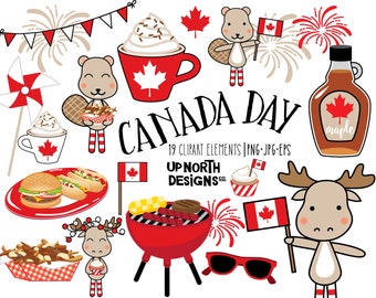 Canada Day Clipart Moose with Canadian flag having a Canada Day BBQ get together on July 1st with fireworks hamburgers poutine and coffee