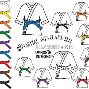 Może przedstawiać: Zestaw 18 obrazów clipartów z gi i pasami do sztuk walki w różnych kolorach. Gi są białe z czarnymi lamówkami, a pasy są w kolorach takich jak czarny, brązowy, czerwony, niebieski, zielony, żółty i pomarańczowy.