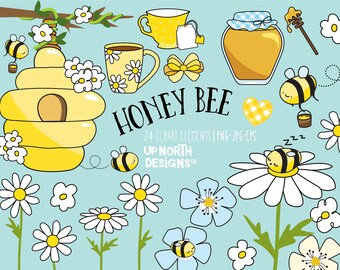 Honey bee clipart includes some flying bees, cute little sleeping bees, a hive on a branch many flowers, honey jar and honey dipper, daisies
