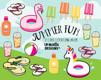 Summer clipart flamingo pool float frozen treats, fun fruit juice drink clipart unicorn float clipart flip flops, beachball and sunscreen