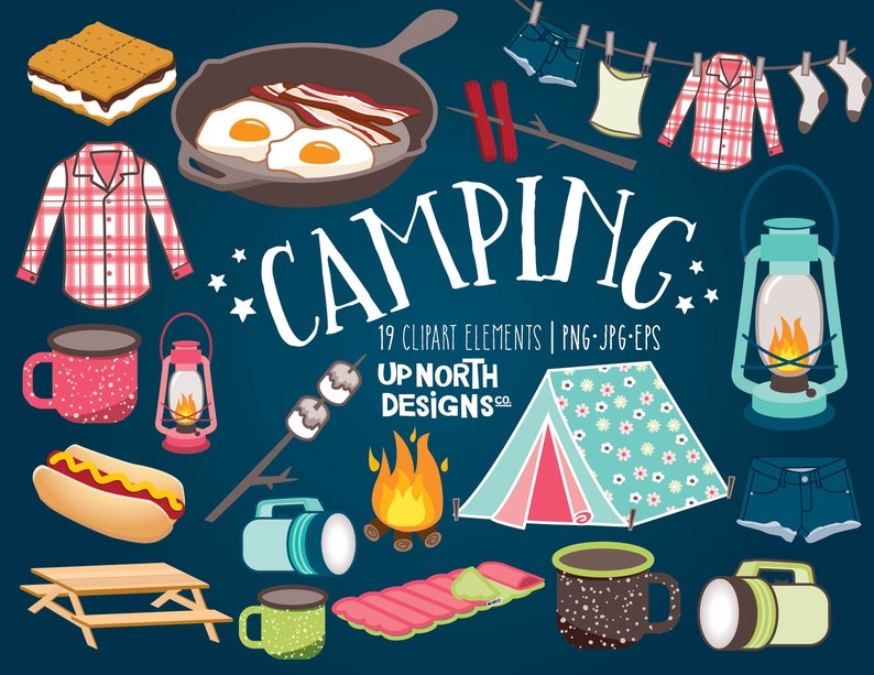 Camping clipart cute tent with a floral pattern s'mores clipart hot dog lantern a clothes line and roasting marshmallows on a campfire image 1