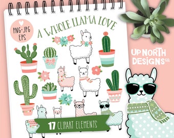 Puede incluir: Un conjunto de 17 elementos de clipart de llama y cactus en una variedad de poses y colores. Las llamas llevan sombreros, bufandas y gafas de sol. Los cactus están en macetas con diferentes patrones. El texto "A Whole Llama Love" está en la parte superior de la imagen.