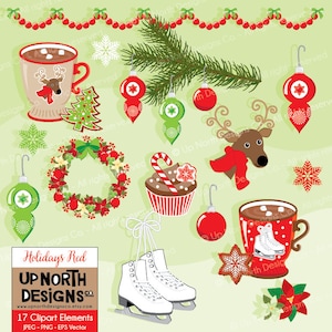 Christmas Holidays Red Clip Art Illustration Set Personal and Commercial Use Christmas Cupcake Hot Chocolate Mug