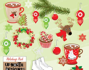 Christmas Holidays Red Clip Art Illustration Set Personal and Commercial Use Christmas Cupcake Hot Chocolate Mug