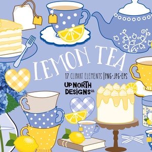 Può includere: Un set di 17 elementi di clipart di tè al limone in formato PNG, JPG ed EPS. Il clipart include tazze da tè, teiere, limoni, torta e altri oggetti a tema tè al limone. Il clipart è in uno schema di colori blu e giallo.