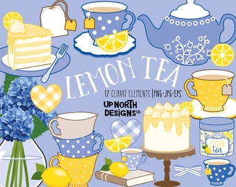 Lemon Tea Clipart set includes teacups and teapot and of course some cake and much more to brighten your art projects or invitations