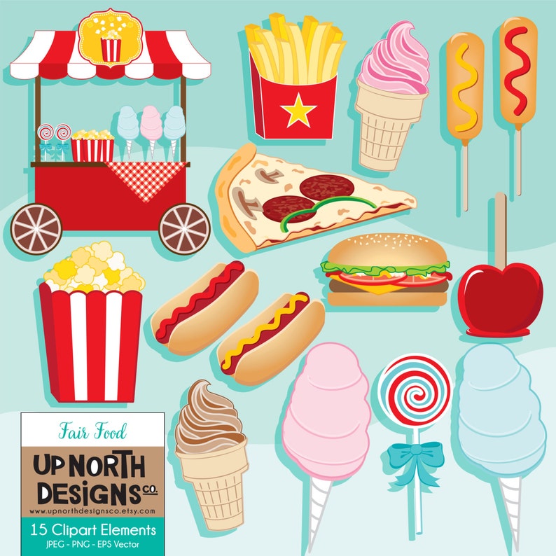 Pu&ograve; includere: Una collezione di 15 illustrazioni di cartoni animati colorati di cibo da fiera, tra cui popcorn, hot dog, pizza, gelato, zucchero filato e mele caramellate. Le illustrazioni sono perfette per creare design divertenti e festosi per feste, inviti e altri progetti.